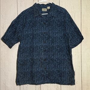Vintage 90s L.L. Bean Hawaiian Aloha Shirt Blue Geometric Large Short Sleeve Top